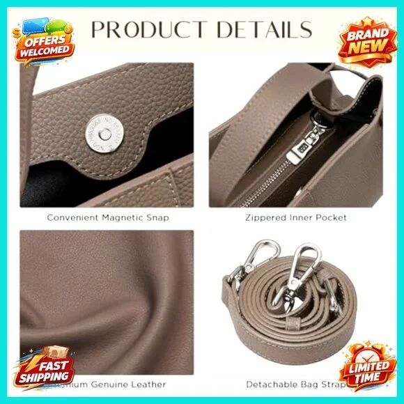 Genuine Leather Tote Bag with Adjustable Strap, Spacious Work Purse - Picture 6 of 7